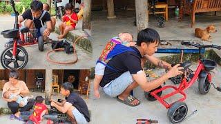 Single father, carrying child on his shoulders, repairing bicycles, gas stoves, making money