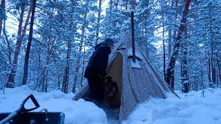 Winter Camping With a Hot Tent - Snowfall and Freezing Temperatures | ASMR