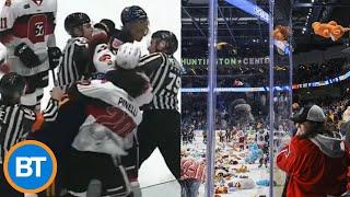 OHL teams break out into a fight in the middle of a teddy bear toss