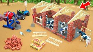 Cows fight over food - Diy mini 3 compartments Cow shed making with bricks & wood science project