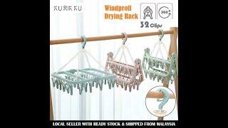 Windproof 32 Peg Swivel Folding Laundry Drying Rack Clip Clothes Hanger Clothespin