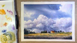 Watercolor painting landscape - Clouds over a field