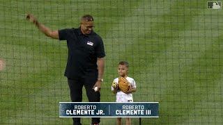 Roberto Clemente's son & grandson throw out the 1st pitch before Pirates-Mets for Clemente Day!