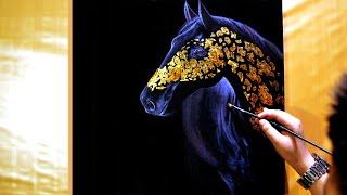 How To Make Painting With Acrylic Colors And Gold Leaf / Black Horse / Abstract Painting Tutorial