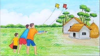 How to draw scenery of Kite flying Step by step