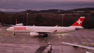 Zurich Airport ZRH observation deck E - Swiss A330 takes off on runway 16 to Newark