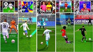 EA FC MOBILE 25  VLF  eFOOTBALL MOBILE  DLS 24  TOTAL FOOTBALL  RF  PLS • PENALTY COMPARISON 