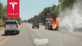TESLA OWNER SAVES DRIVER FROM BURNING RV | TESLACAM STORIES 100