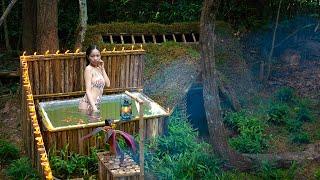 Amazing girl Build a Survival House with a Mini Bath Pool in the Wild, Girl solo Living Off grid