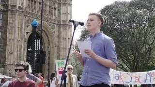 Owen Winter, Make Votes Matter Spokesperson, speaks at the Demo for Democracy