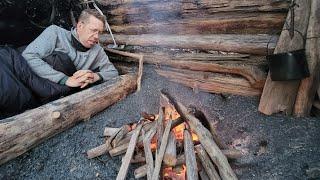 Bushcraft Shelter Camping Under Northern Lights (Best Campfire Meal Ever!)