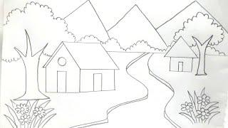 Beautiful village pencil drawing/easy village scenery/How to village scenery ‎@Mamundrawingschool 