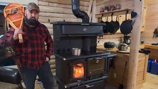 Log Cabin Built in the North,Snow storm,living in the cabin,New cooking stove working great.￼