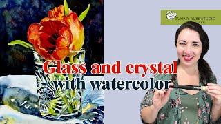 How to paint cut crystal with watercolors: realistic tulips in a vase