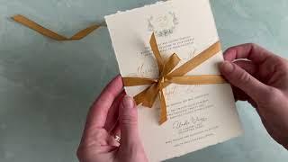 Deckled Edge Custom Wedding Invitation with Gold Satin Ribbon Featuring Delicate Monogram