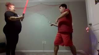 me and my bestie are having a lightsaber duel at my party of the galexy