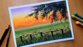 Oil Pastel Easy Nature Drawing for Beginners / SPRING FLOWERFIELD / Oil Pastel Scenery Drawing