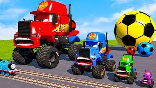 4 MONSTER TRUCKS vs Big & Small Long Mack Truck with Ball vs Train Thomas - BeamNG.Drive