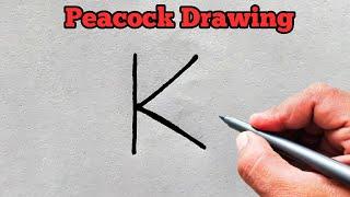 How to draw peacock from letter K | Easy peacock drawing for beginners