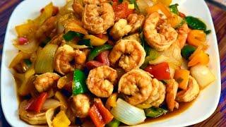 Camarones con vegetales comida china