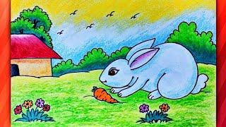 VERY EASY Rabbit with Scenery | How to Draw Easy Scenery of Rabbit | Rabbit Drawing Easy