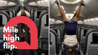 Flight attendant closes overhead bins upside down with high heels | SWNS