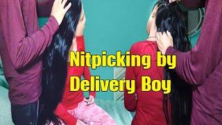 Nitpicking Picking by delivery boy  |Lice Picking by delivery boy|| #hairplay #longhair