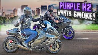 TOUGHGUY ON PURPLE Ninja H2 TRIED TO RACE MY 1600CC BUILT MOTOR BUSA!