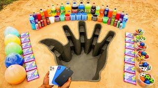 How to make Cement Hand, iPhone 16e vs Big Coca Cola and Balls, Fanta, Mtn Dew vs Mentos!