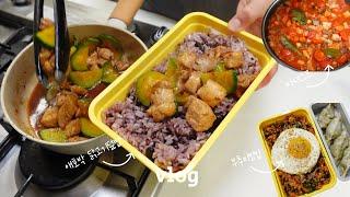 VLOG) 간단지만 맛있는 직장인 점심 도시락. 코스트코 장보고 집에서 새우구이랑 꽃게찜 먹는 일상│씨앗젓 소분하기, 부추 비빔밥, 애호박 닭고기덮밥, 마녀스프, 애사비 도전