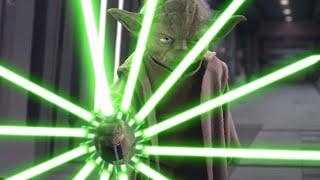 Yoda with way too many lightsabers