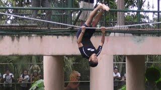 Davao, crocodile park.  tight rope walker nearly falls in.