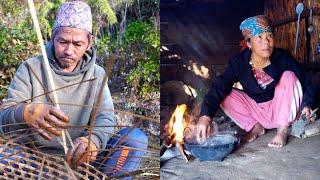 jungle man and his wife's morning activities in their jungle shed || family in the jungle ||