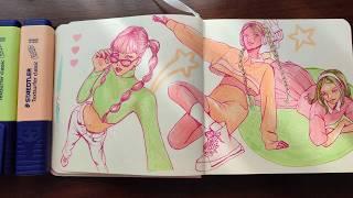 SKETCHBOOK SESSION // Filling a spread with limited colour scheme - markers and pen