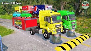 Double Flatbed Trailer Truck vs speed bumps|Busses vs speed bumps|Beamng Drive|1052