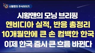 모닝 브리핑. 미 증시 정리. 엔비디아 실적 발표. 주요 내용, 중국 판매, 시장 평가 총정리. 10개월만에 큰 손 컴백한 한국 증시. 이제 흐름 바뀔 가능성. 주도주 변화 주목