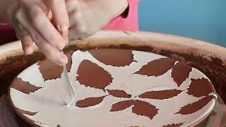 Porcelain Slip Pottery Stencil with Real Leaves