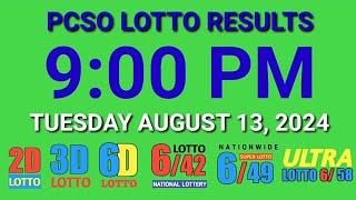 9pm Lotto Results Today August 13, 2024 ez2 swertres 2d 3d pcso