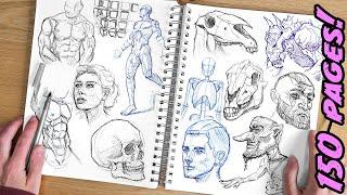 Drawing Fundamentals sketchbook tour video️150 PAGES, Anatomy, Gesture, faces, mannequina & boxes