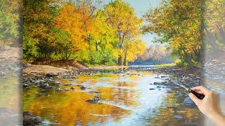 Painting a Fall Landscape with Acrylics "Autumn stream" | Пишем осенний пейзаж акрилом