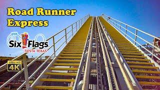 2022 Road Runner Express Roller Coaster On Ride Front Seat 4K POV Six Flags Fiesta Texas