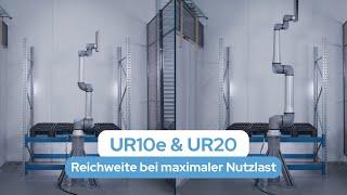 Die Reichweite von UR-Cobots: im Vergleich stehen der UR10e und der UR20