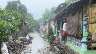 Heavy Rain Walk: Village by River Dam with Small Houses, Wind, and Thunder