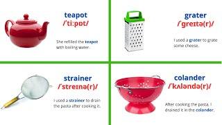 Learn English Kitchen Vocabulary with Pictures, Pronunciation,  Phonetics Transcription & Sentences