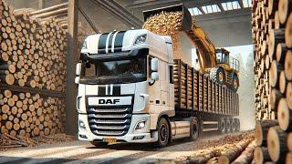 POV Truck Driving DAF XF 480 2025 Loading Wood on Walking Floor Trailer