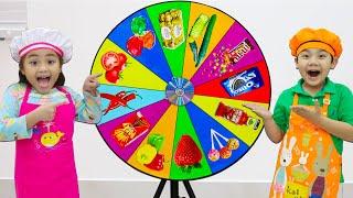 Annie and Sammy Pretend Play the MYSTERY SPIN THE WHEEL Food Challenge | Funny Stories with Toys