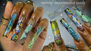 Earthy Maximalist Nails!️| long acrylic nails + exquisite nail art