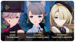 Lyney, Lynette and Freminet Visit Liyue and Eat Traveler's Cooking | Genshin Impact