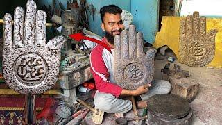 Process of Brass Embossing Artisans Making Traditional Hand of Work || How to Make Alam e Abbas 2023