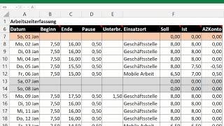 Excel automatische Arbeitszeiterfassung erstellen - Vorlage Zeiterfassung mit Überstunden, Feiertage